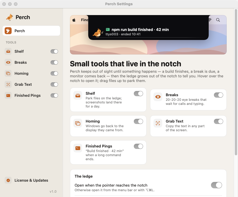 Perch Settings: an overview with a switch for each of the five tools